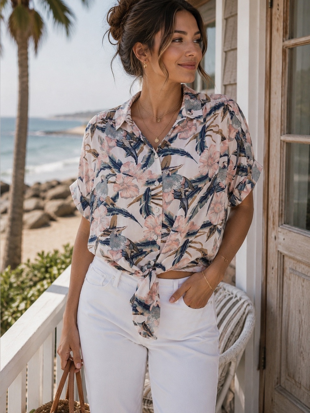 American Eagle Hawaiian Bird Print Tie Front coastal Casual Crop Top Size S